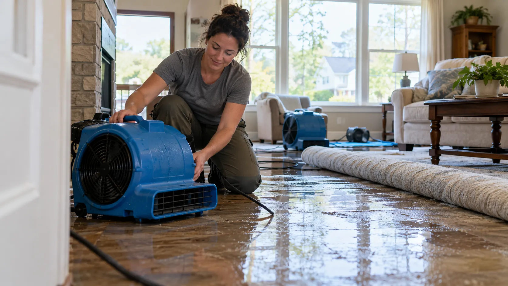 Water damage restoration technician drying a flooded living room in Columbus